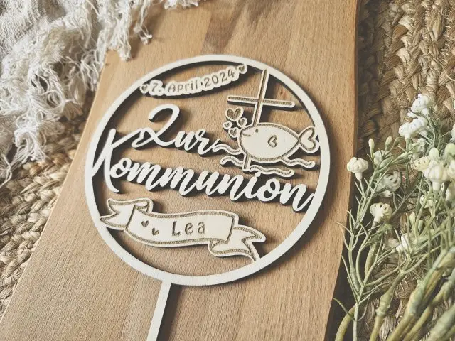Cake Topper Schriftzug "Kommunion 3" Lasercut aus Holz