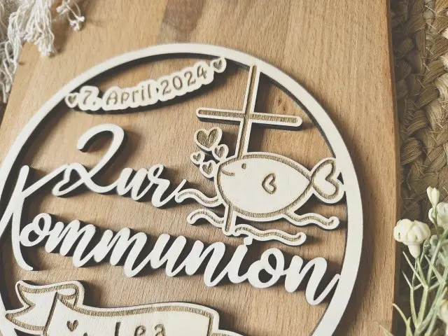 Cake Topper Schriftzug "Kommunion 3" Lasercut aus Holz