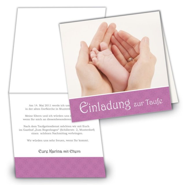 Klappkarte Taufe Einladungskarte quadratisch 125 mm Karina pink